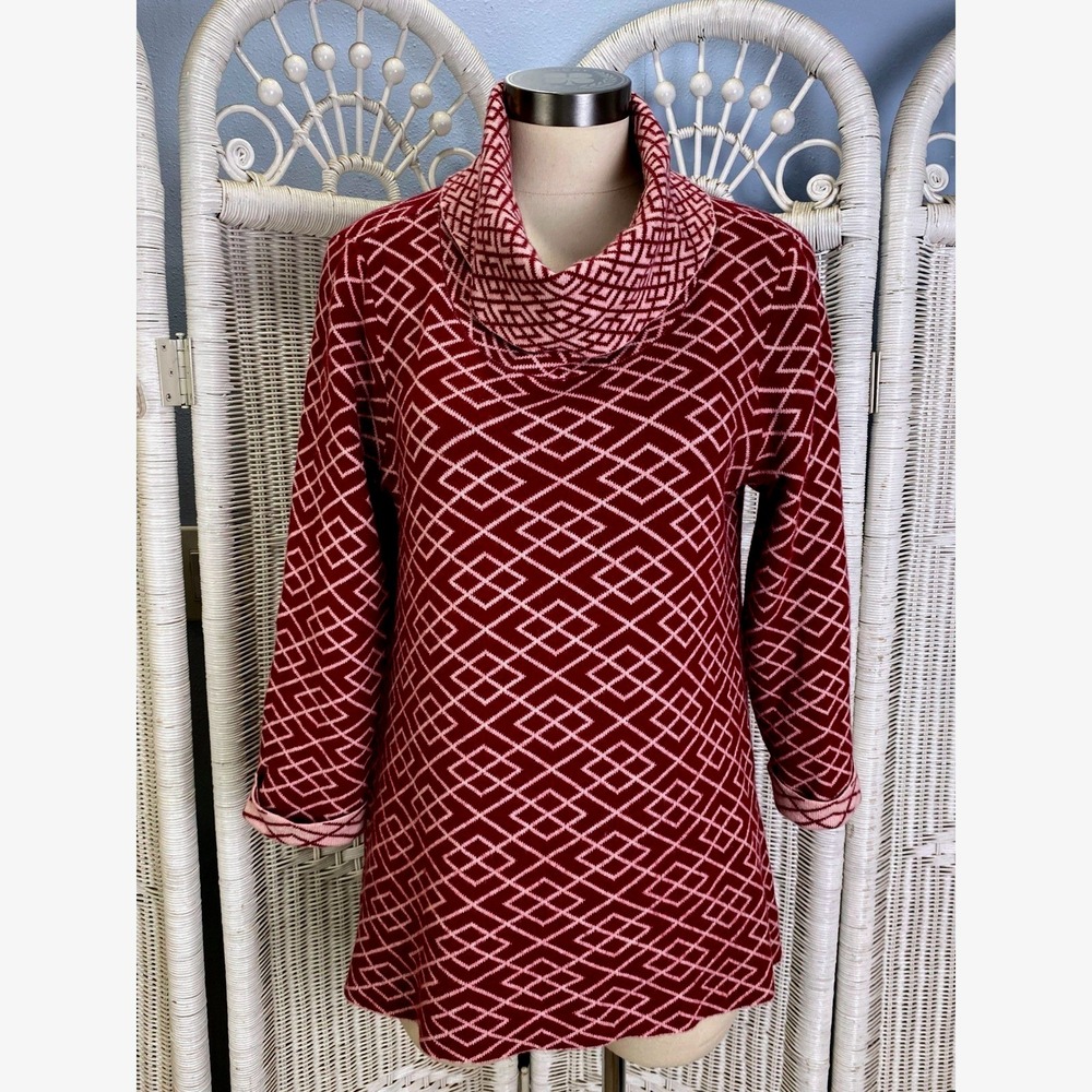 Anthropologie Moth Alpaca Blend Sweater‎ Tunic L Red Cowl Neck Geometric Knit